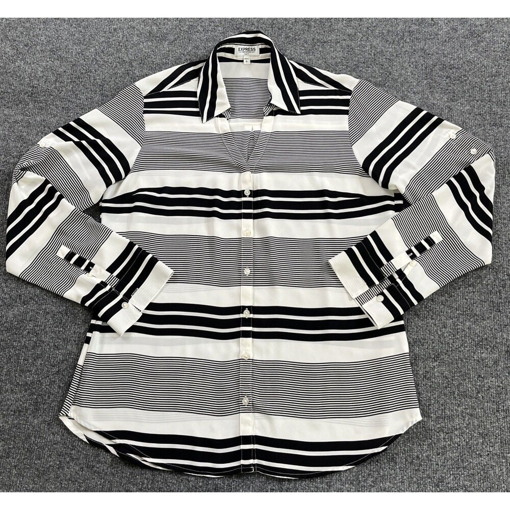Express Portofino Women’s Black White Striped Collared Button-Up Tab Roll  L